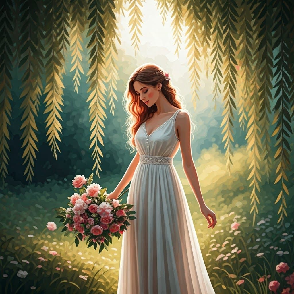 Ethereal Woman in White Dress Tending Flowers