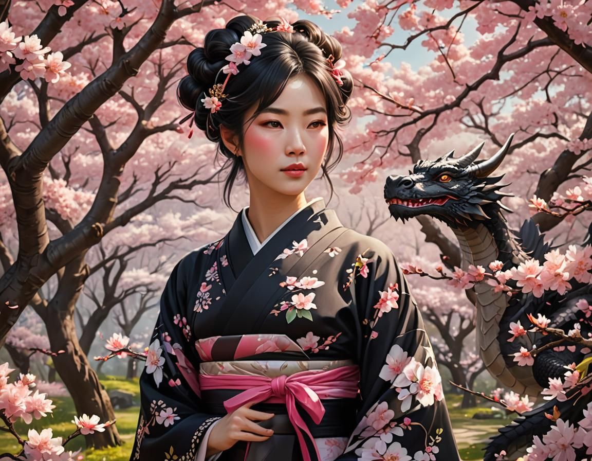 Traditional Japanese Beauty Tames a Happy Dragon in a Vibran...