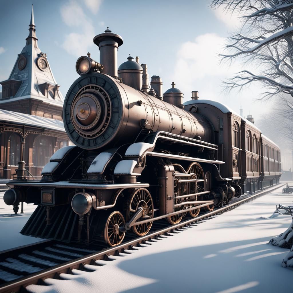 Snow-Covered Victorian Railway Station with Steampunk Engine