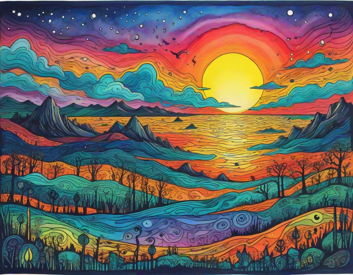 Typographic Sunset Doodle Poster