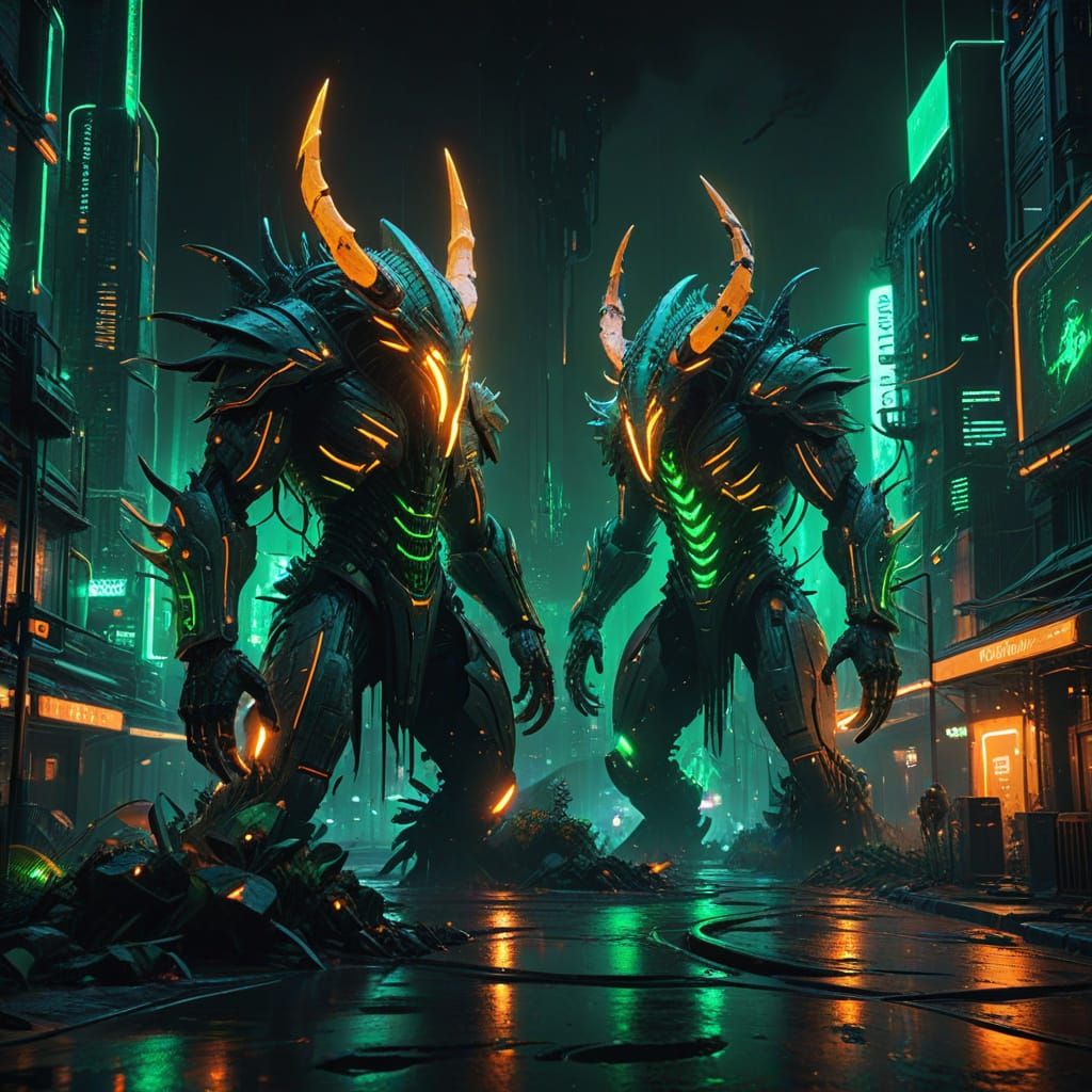Futuristic Neon Cityscape with Abstract Creature