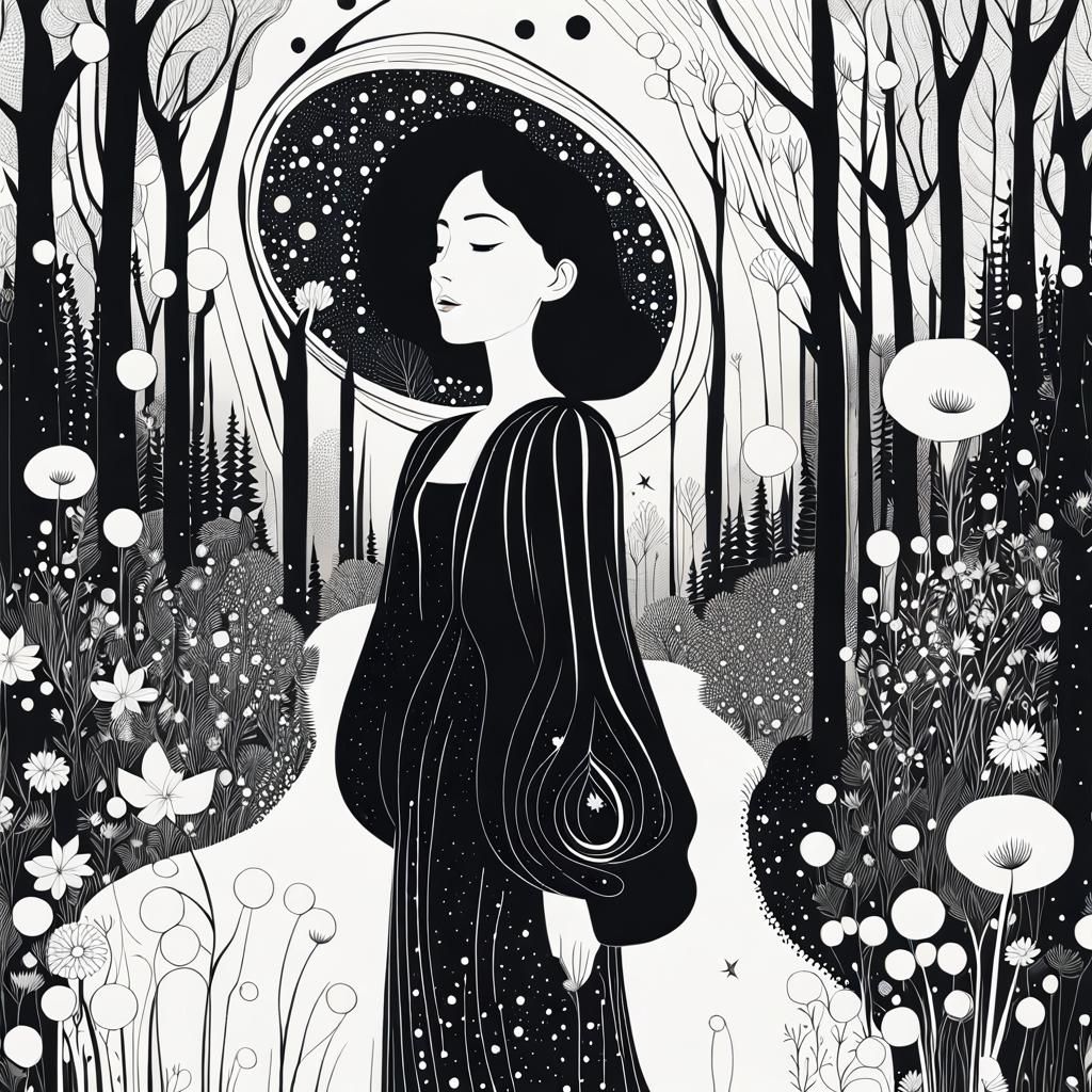 Floating Forest at Night: Black and White Digital Art