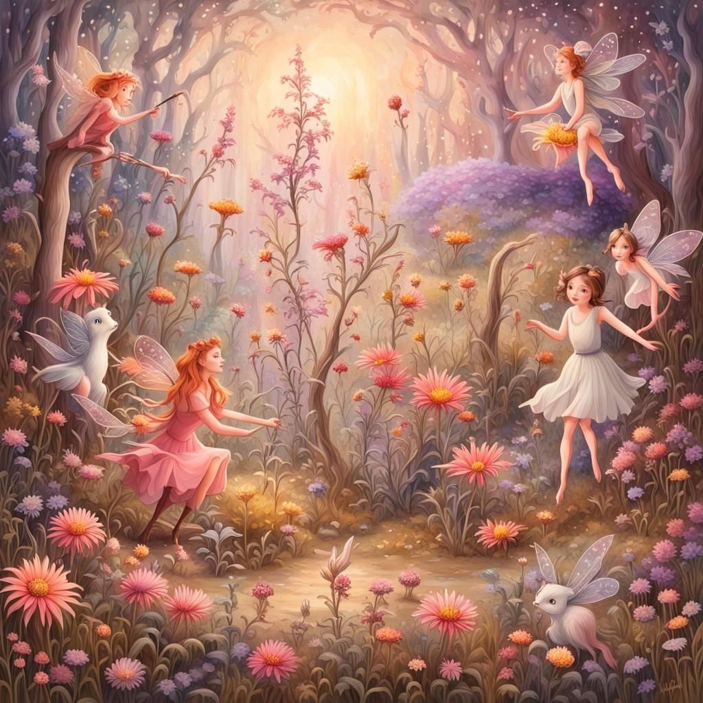 a whimsical forest scene with magical fairies and fantastica...