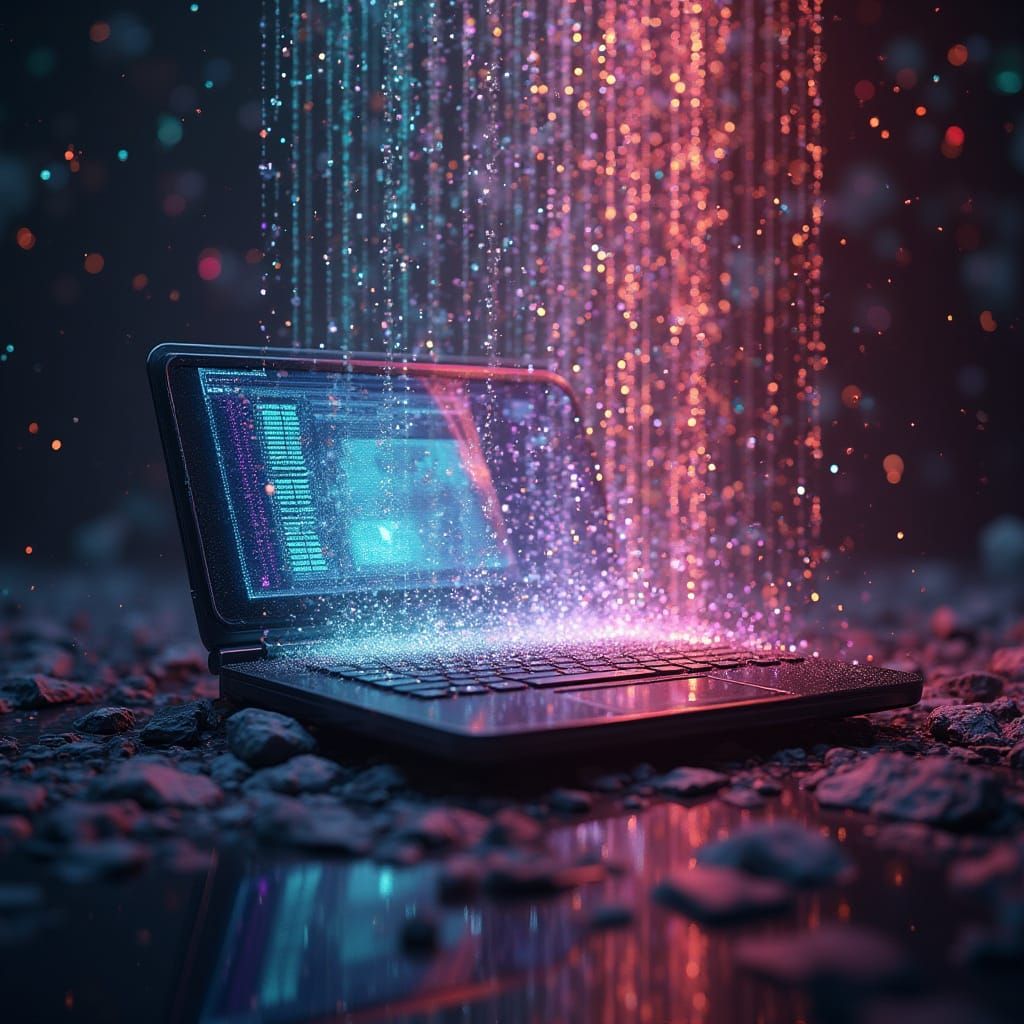 Futuristic Computer with Colorful Binary Data Shower