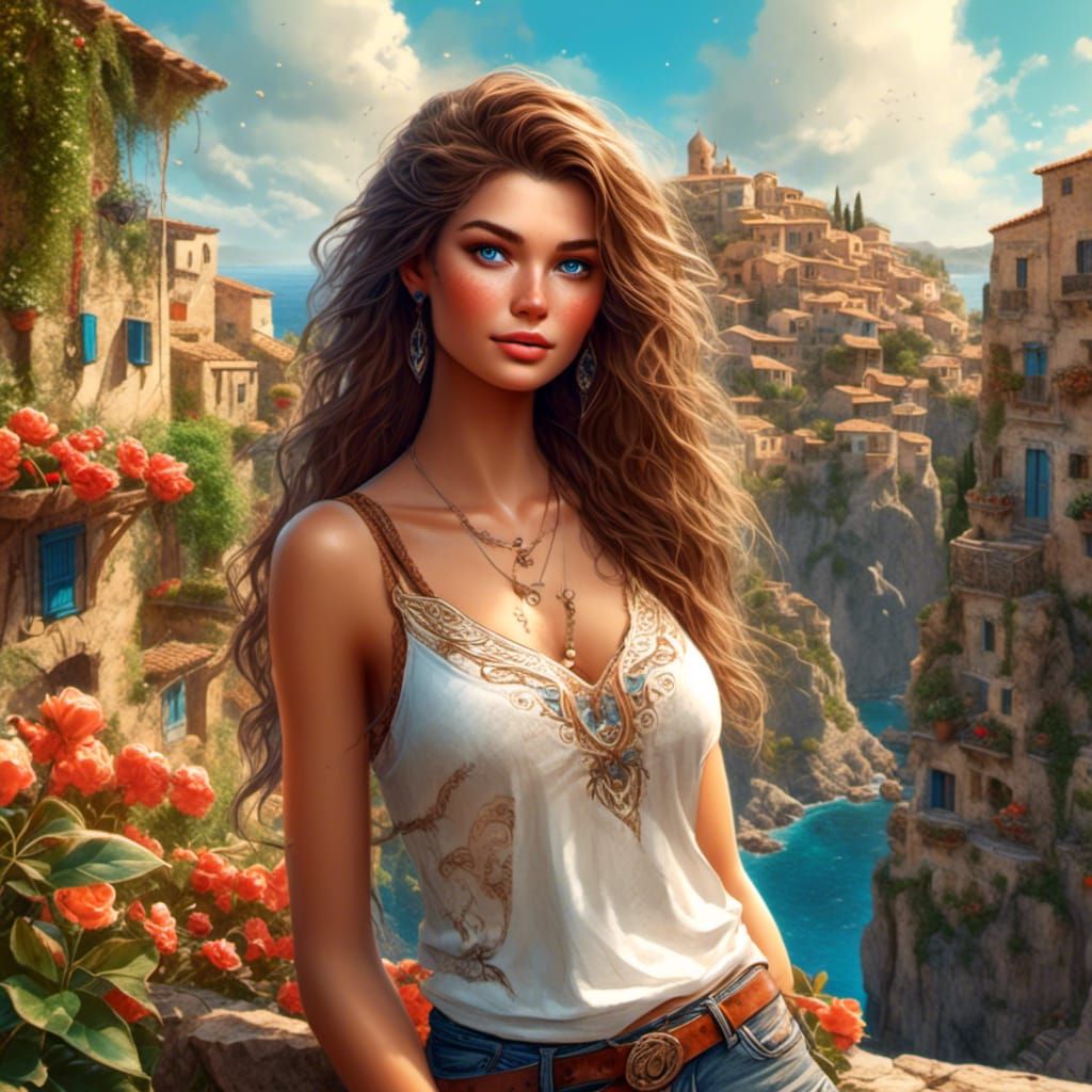 Voluptuous Woman in Greece: Detailed Digital Painting