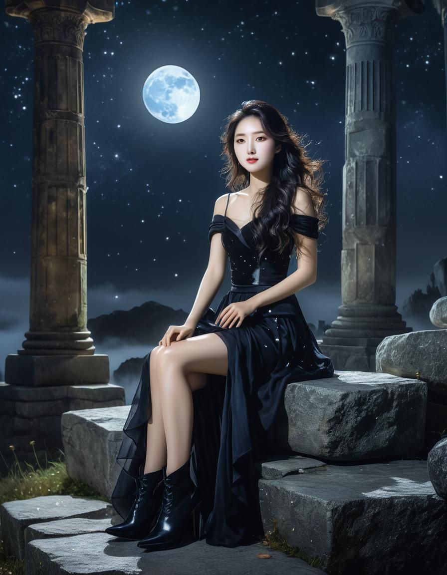 Korean Woman Amidst Stars in Watercolor Style