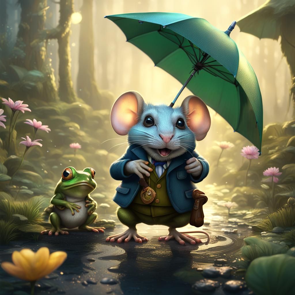 Mouse and Frog Share Umbrella: Fantasy Concept Art