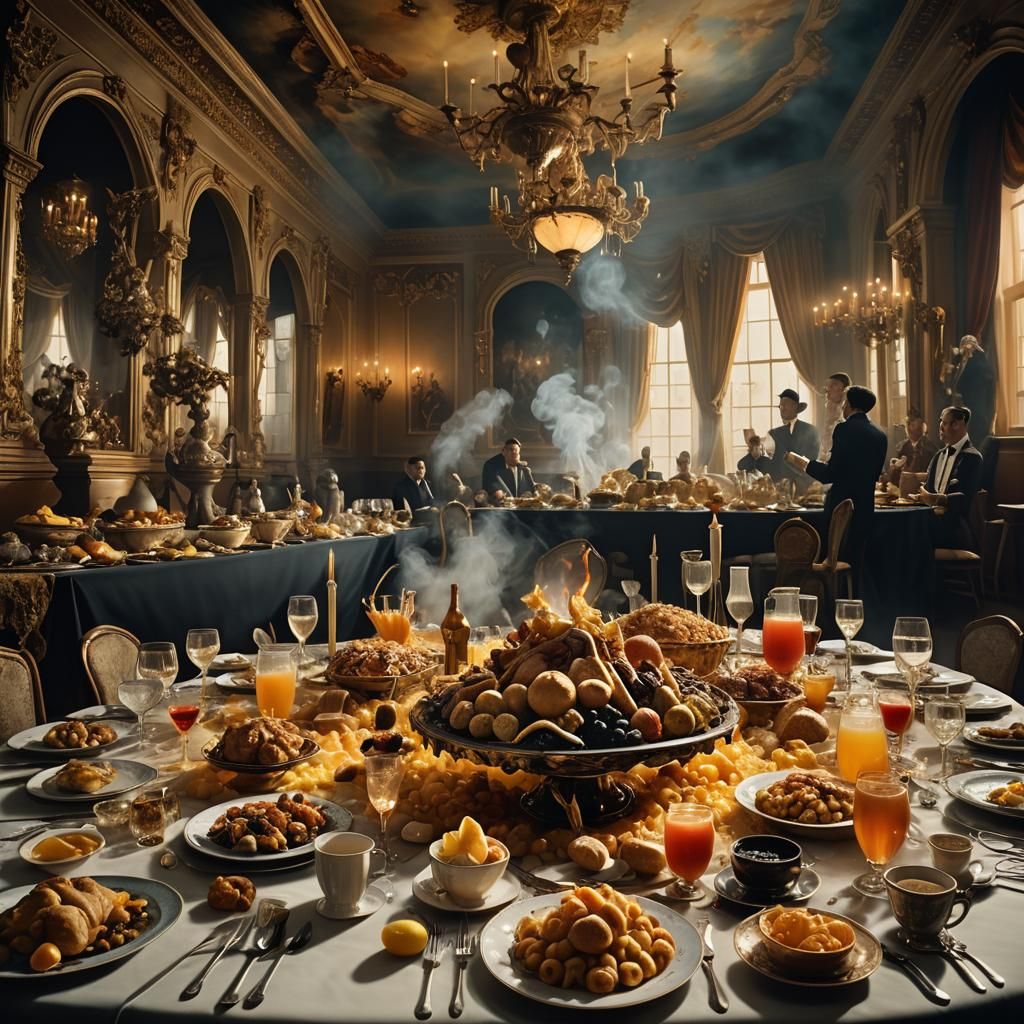 Surrealistic Feast in a Distorted Grand Hall