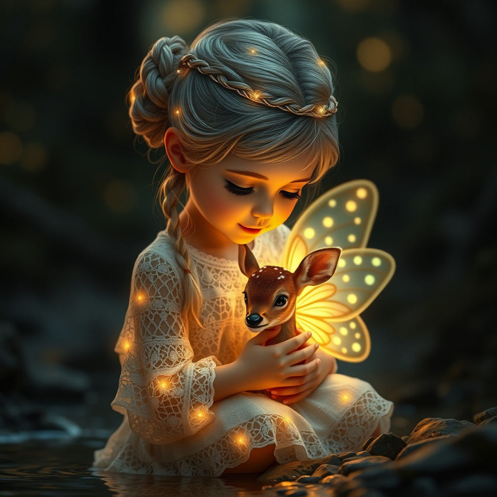 Enchanted Girl with Fawn in Forest, Digital Art