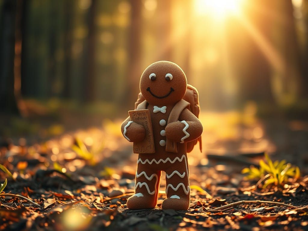 Determined Gingerbread Adventurer in Sun-Drenched Forest, Ca...