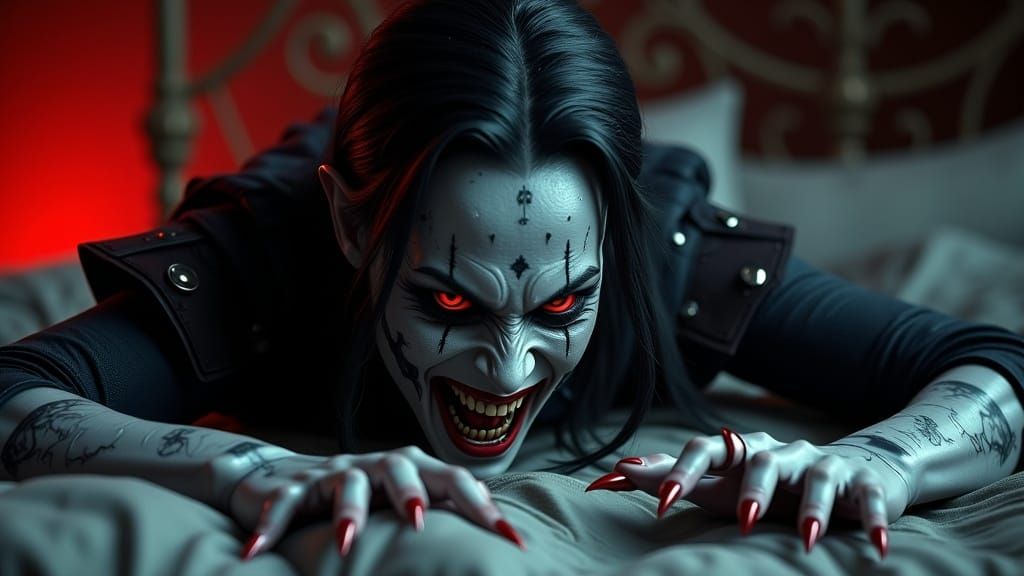 Menacing Red-Eyed Woman in Hyperrealistic Dark Art