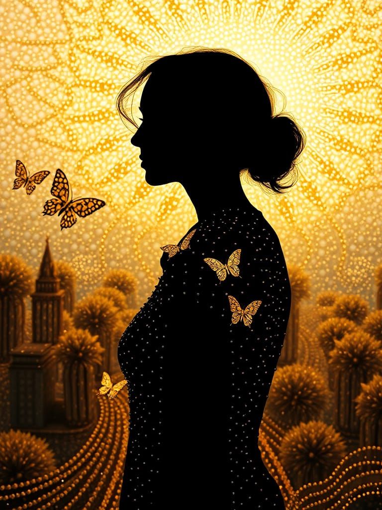 Beaded Horizon: Woman's Silhouette in Textile City