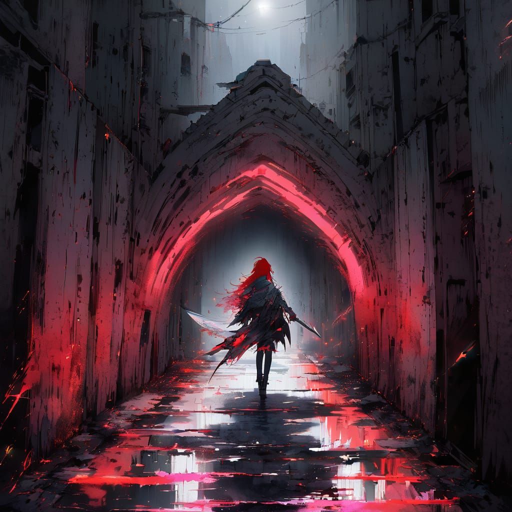 Red-Haired Girl in Abandoned Alleyway, Japanese Anime Style