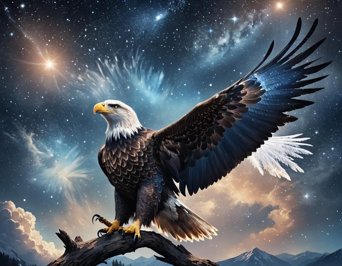 Majestic Eagle with Iridescent Feathers in Celestial Scene