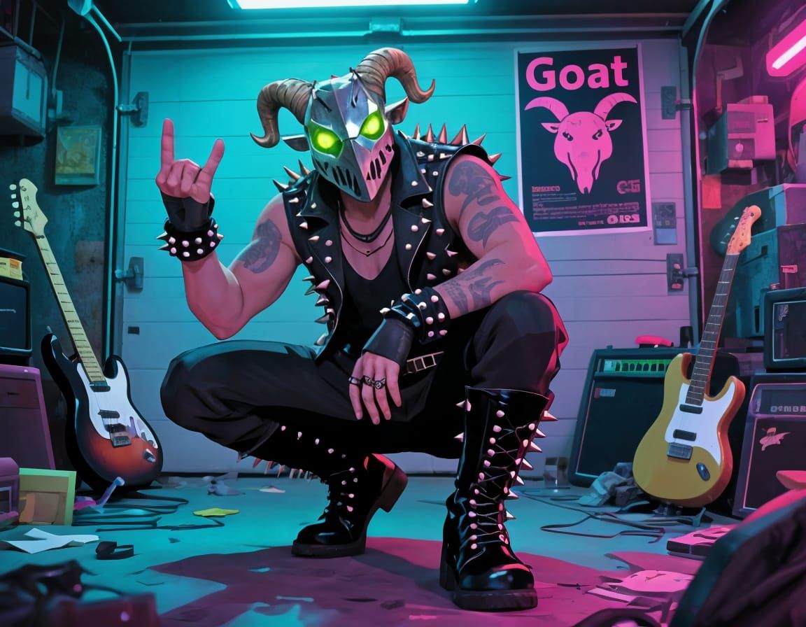 Cyberpunk Rocker with Goat Mask in Anime Style