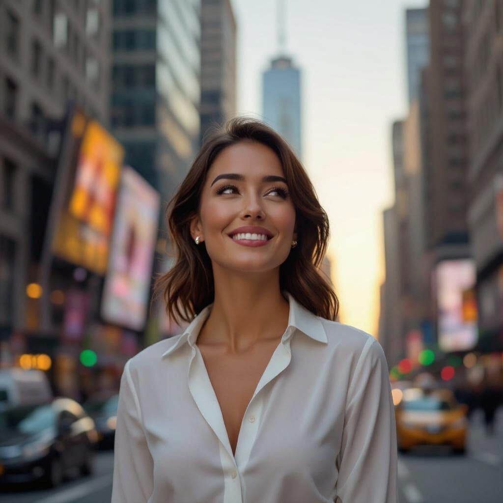Woman Smiling at Manhattan Cityscape in Golden Hour Light