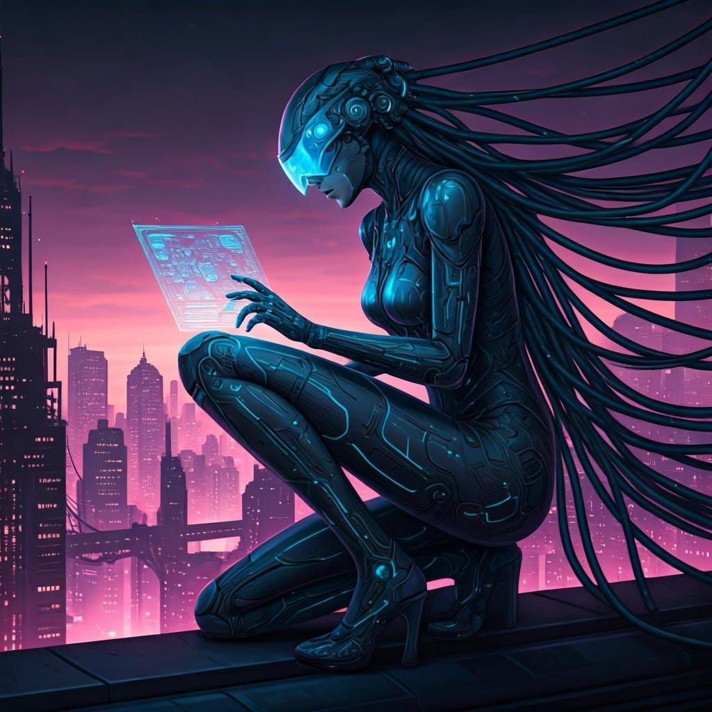 Cyberpunk Netrunner Hacking in Neon Cityscape