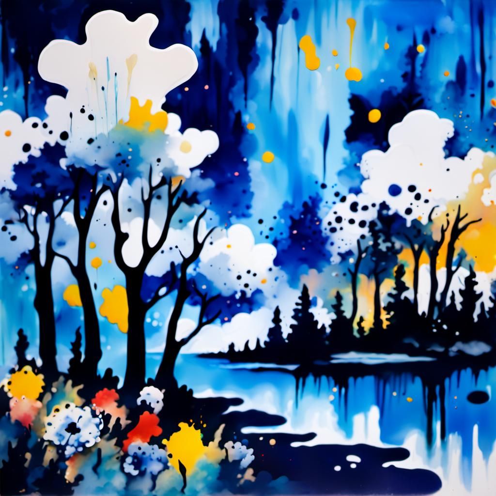 Abstract and Surreal Art: Using the ink splatter art technique, what appears to be a landscape is created, with a lake, ...