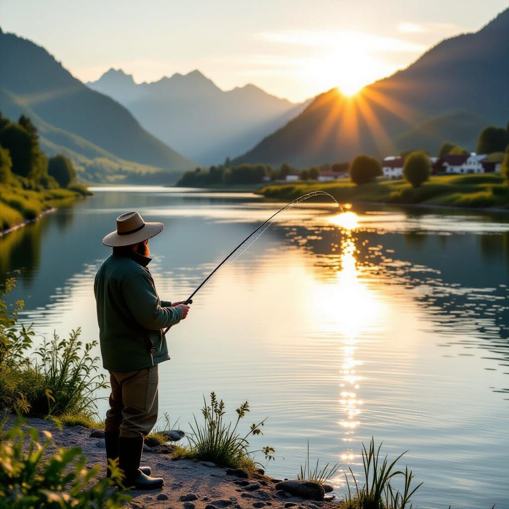 Fisherman at Sunset: Hudson River School Painting