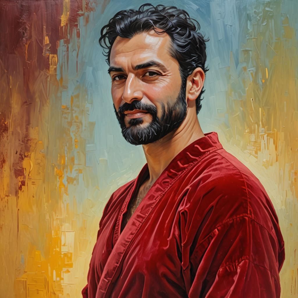 Serene Man in Red Velvet Bathrobe: Expressionist Oil Paintin...