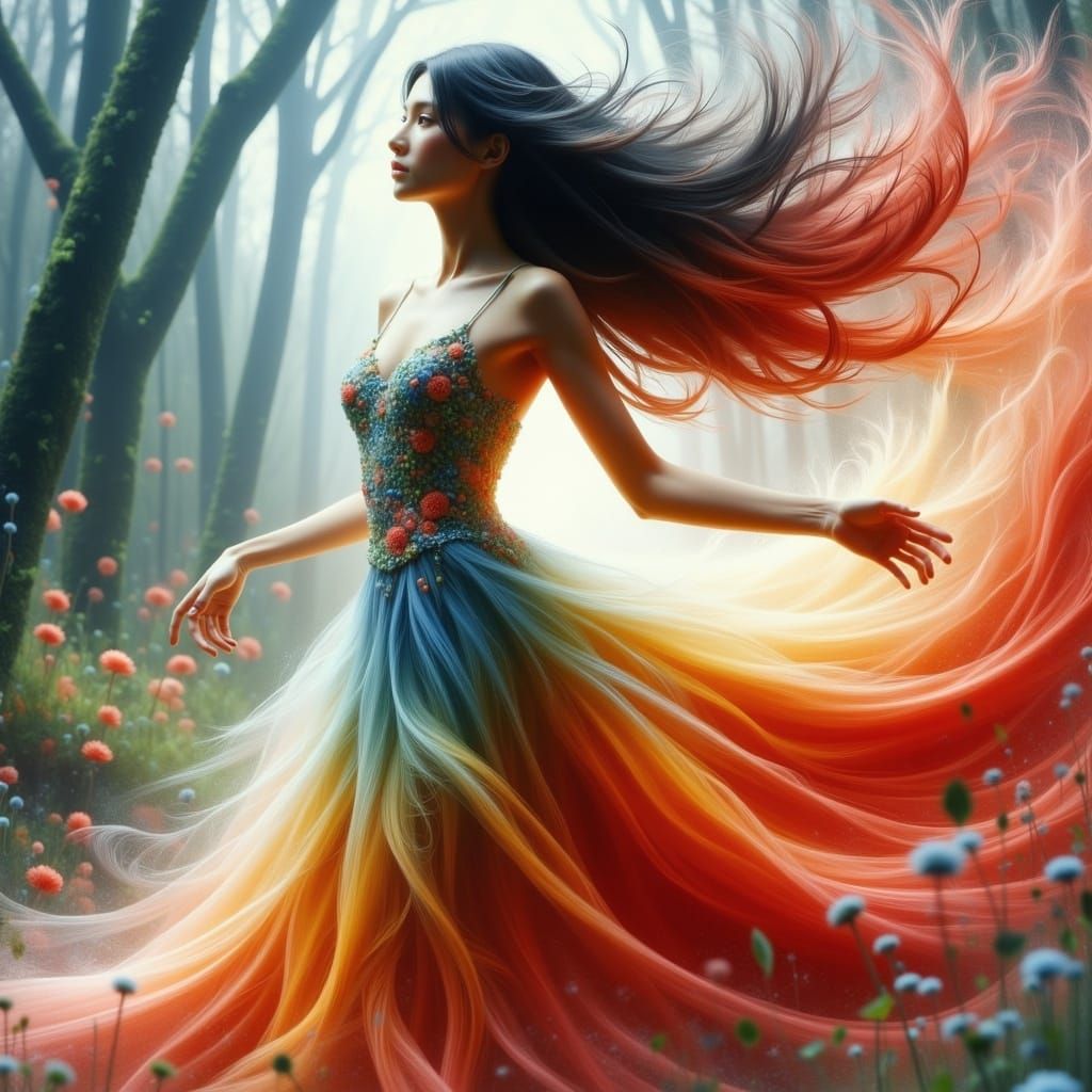 Ombre Dancer in Flowing Dress, Impressionistic Style
