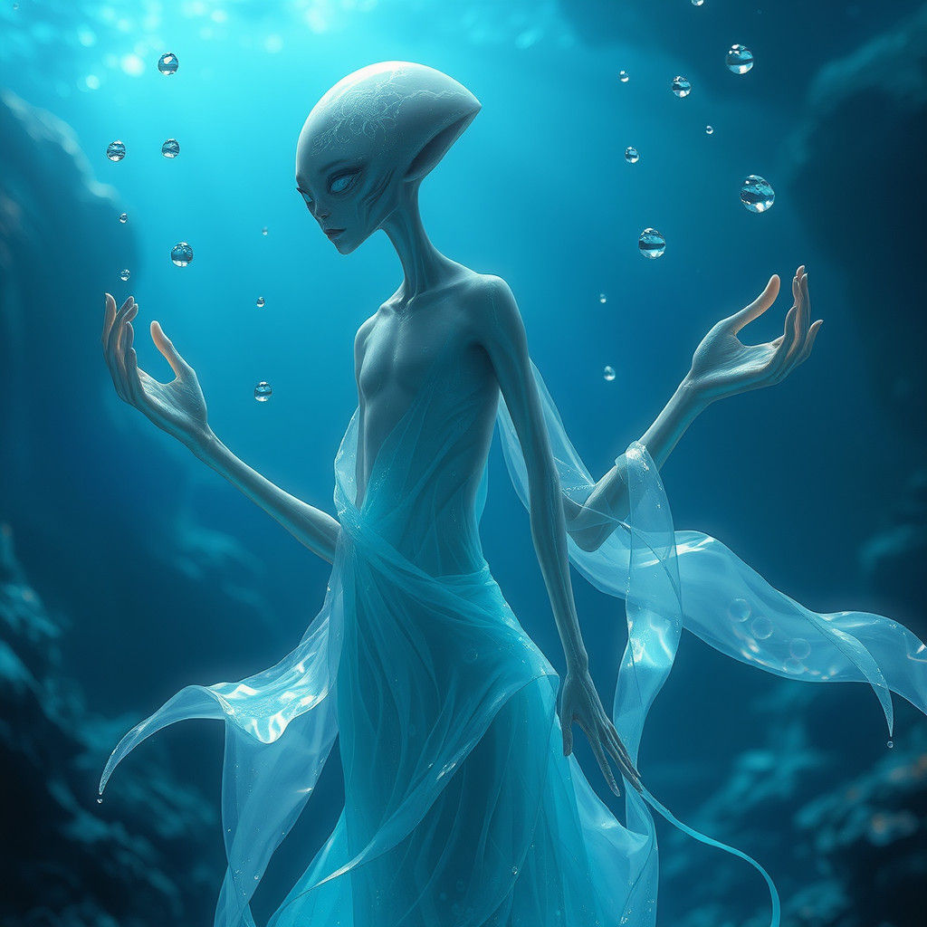 Ethereal Alien Wielding Water Magic in Dreamlike Setting