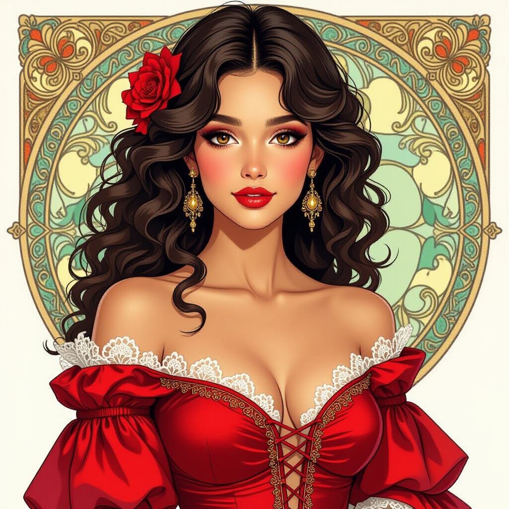 Spanish Girl in Scarlet Dress, Sketch Art Style