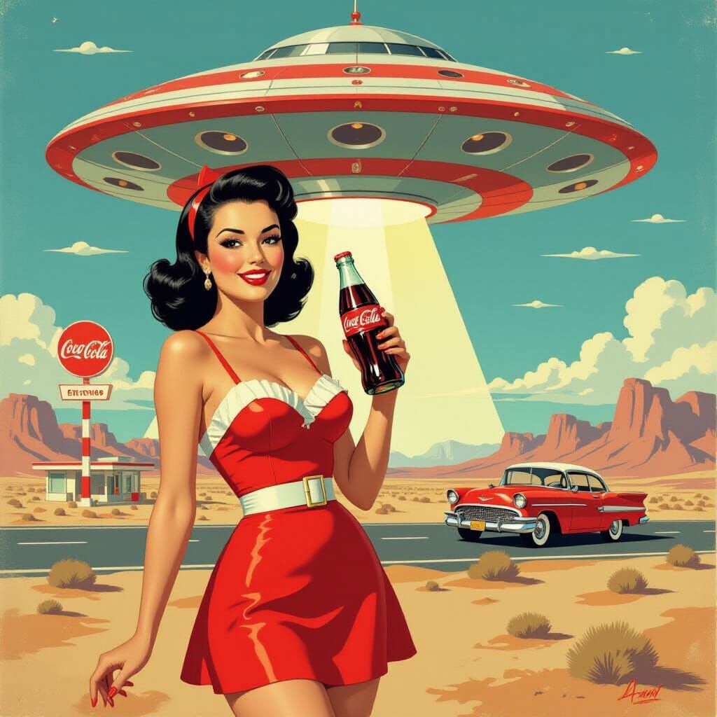 1950s Pin-Up Lady with Coke Bottle and Retro UFO