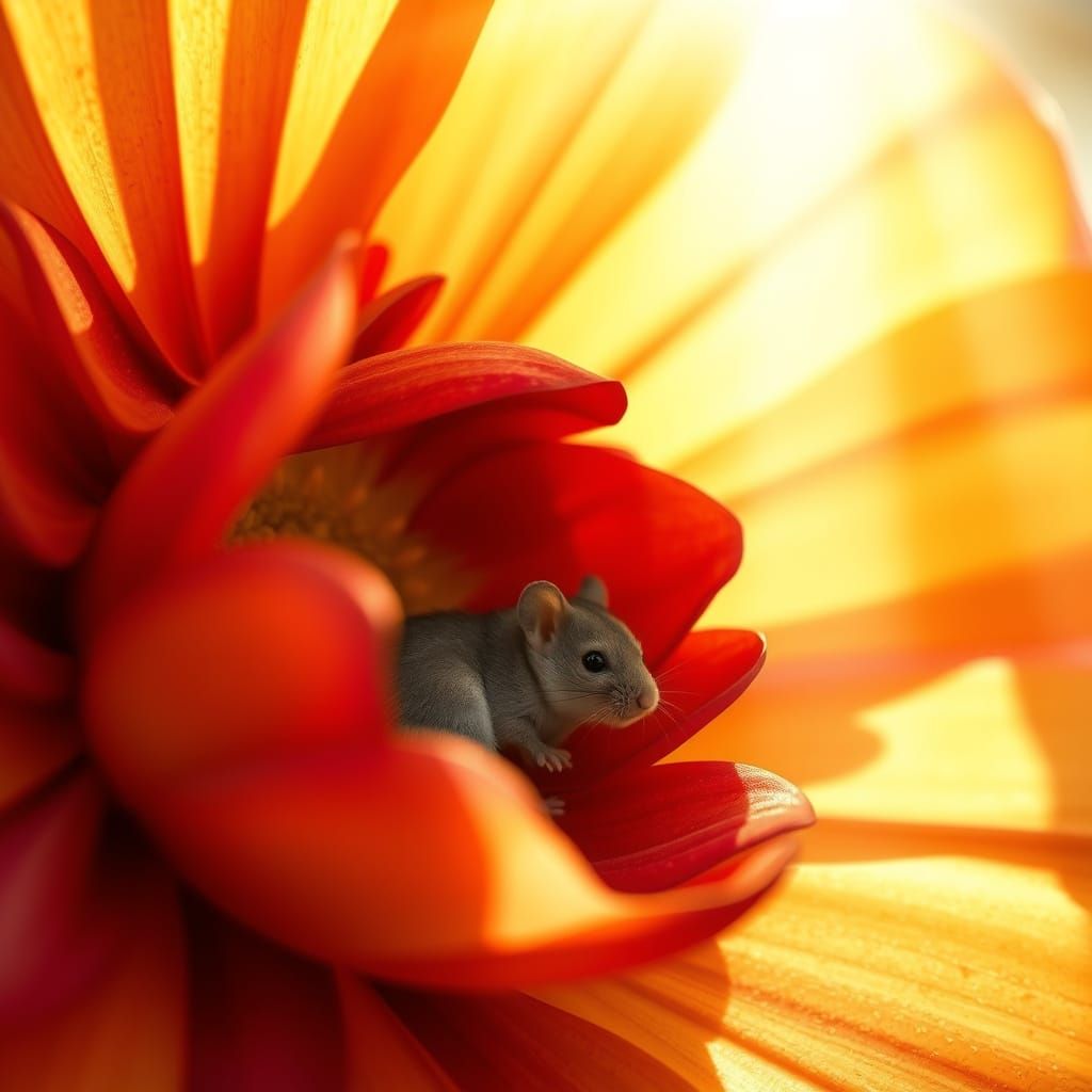 Vibrant Flower Reveals Tiny Mouse in Golden Hour Light
