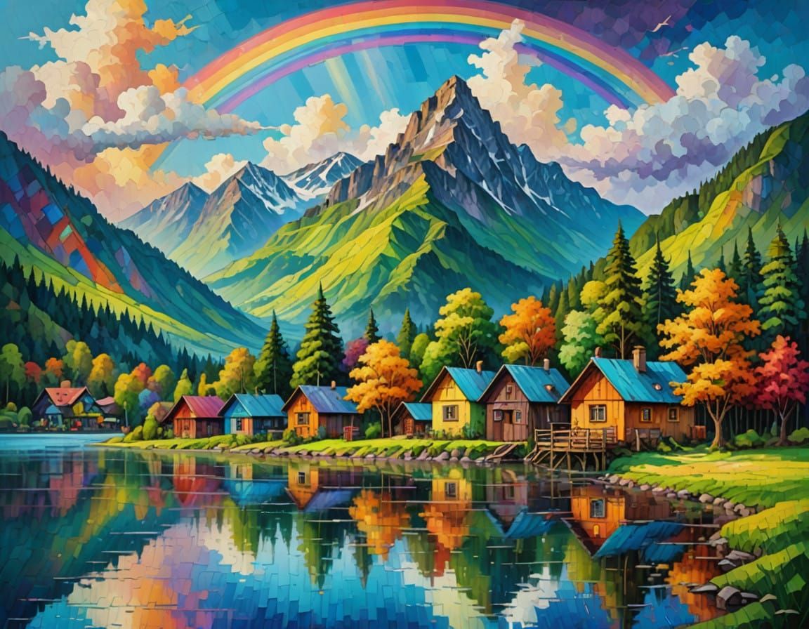 Vibrant Village in Impasto Oil Painting Style