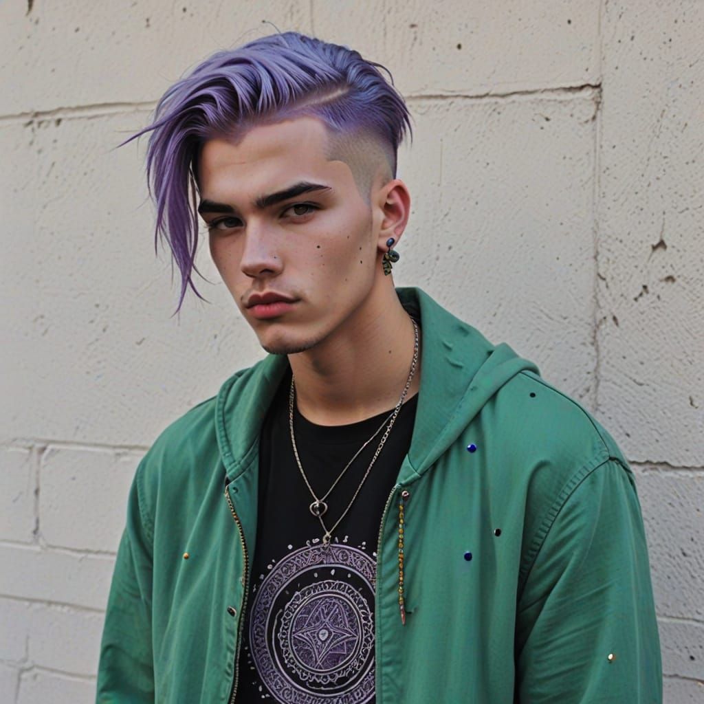 Grunge Guy with Purple Buzzcut and Tribal Tattoos