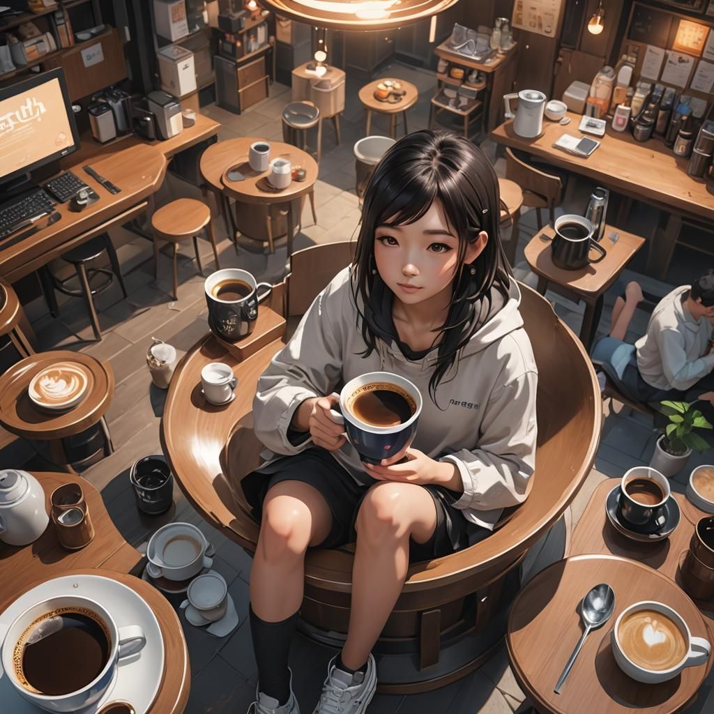 Anime Girl in Coffee Cup: Detailed 3D Render