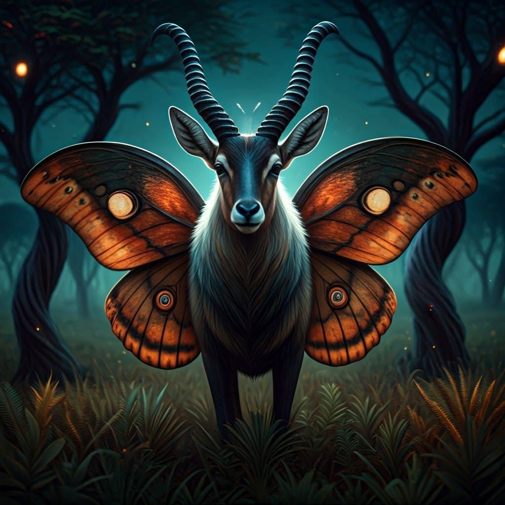 Antelope Moth Hybrid in Moonlit Savannah, Fantasy Art