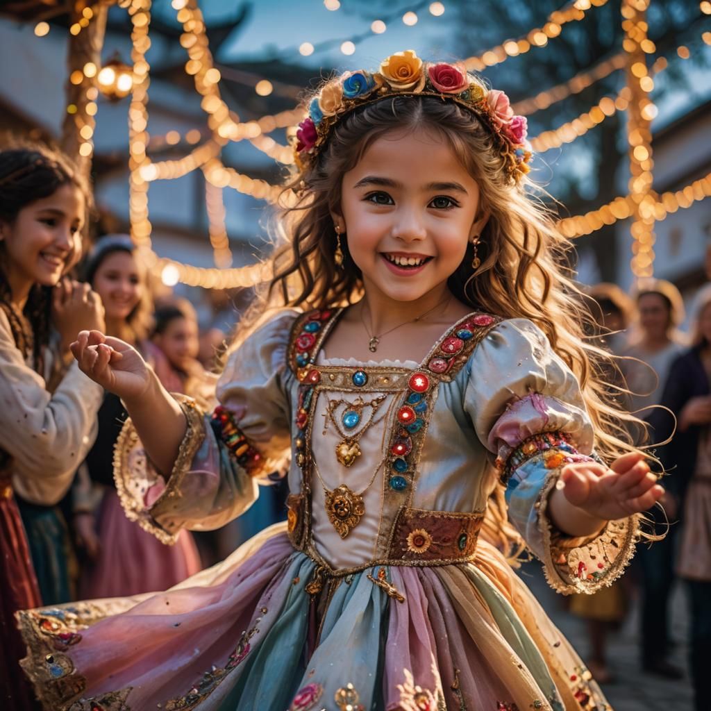 Child Dancing with Teddy Bear in Fairytale Style