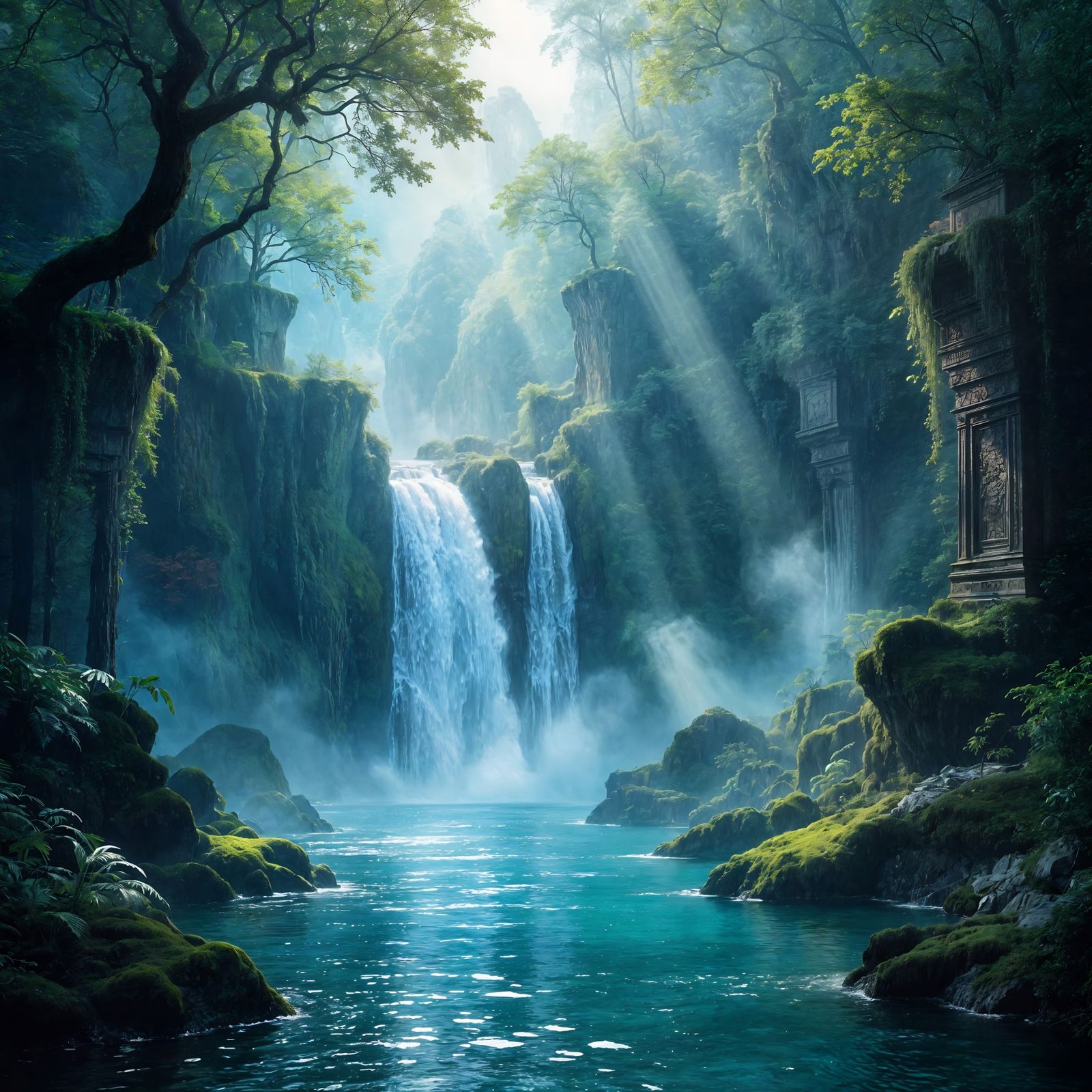 Enchanted Waterfall Ruins in Hyperrealistic Digital Painting