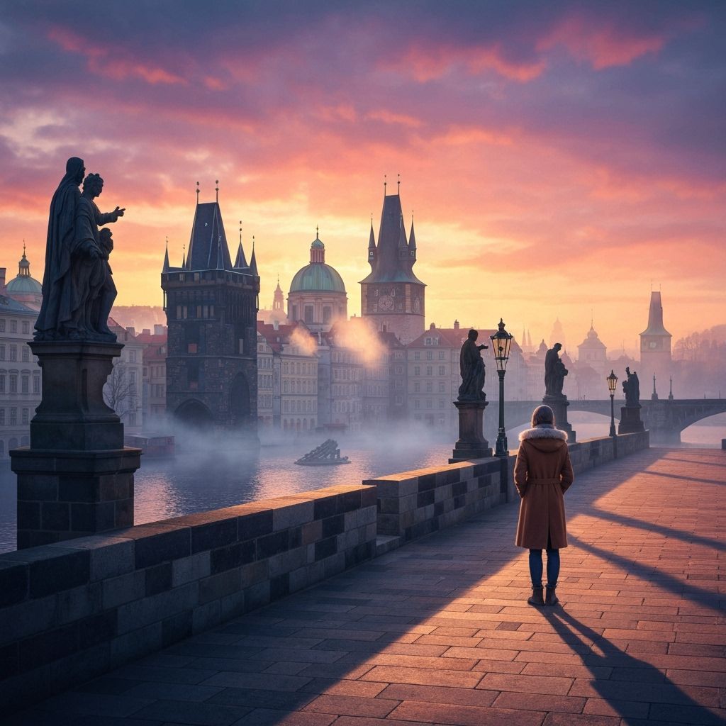 Prague Sunset: A Figure on Charles Bridge