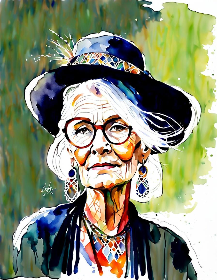 Boho Chic Platinum Woman in Watercolor Sketch