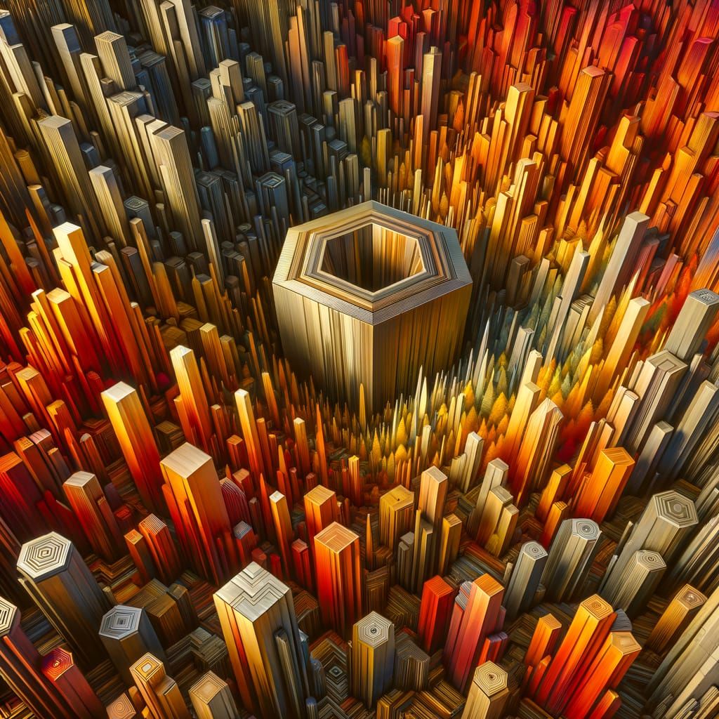 Octogonal cylinder in a sharp edge metal forest , Soulages style warm colours, Miro style painting form, incredible, nev...