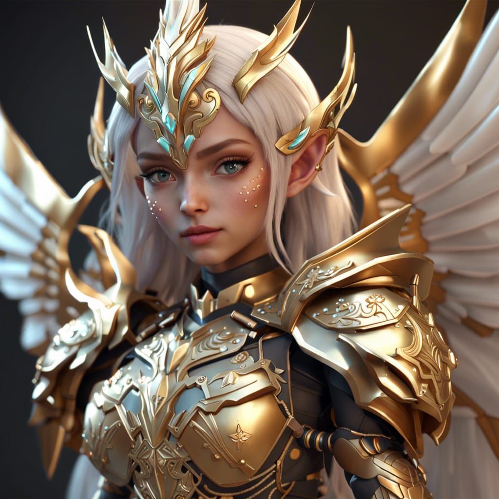 Elf Knight with Golden Armor and Angel Wings