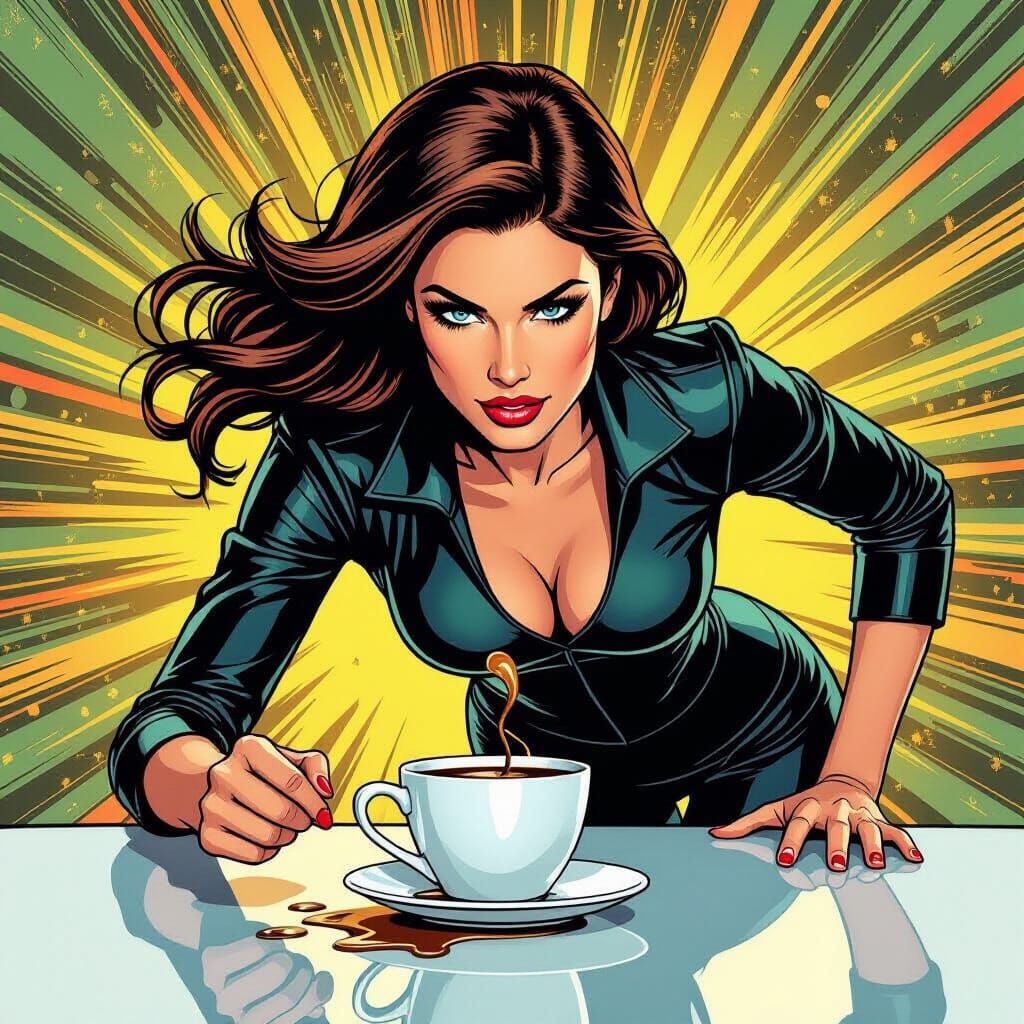 Woman Saves Coffee in Hyperrealistic Comic Book Style
