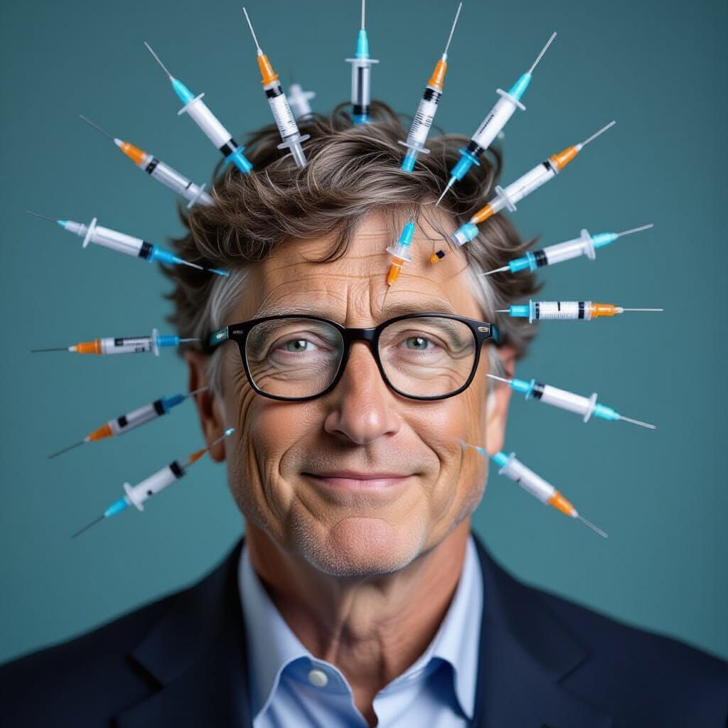 Bill Gates Portrait with COVID Vaccine Syringes