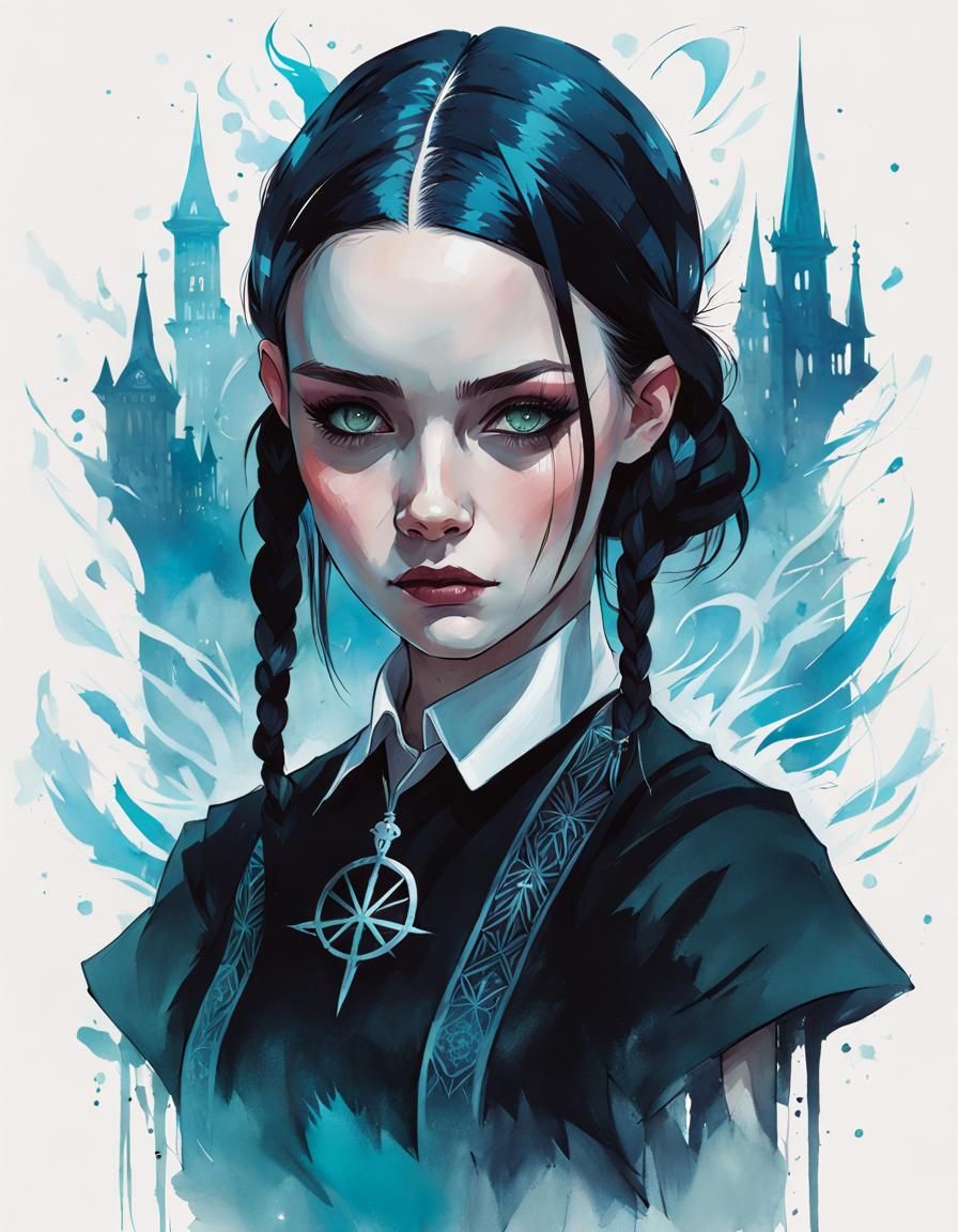 Wednesday Addams as Watercolor Wizard