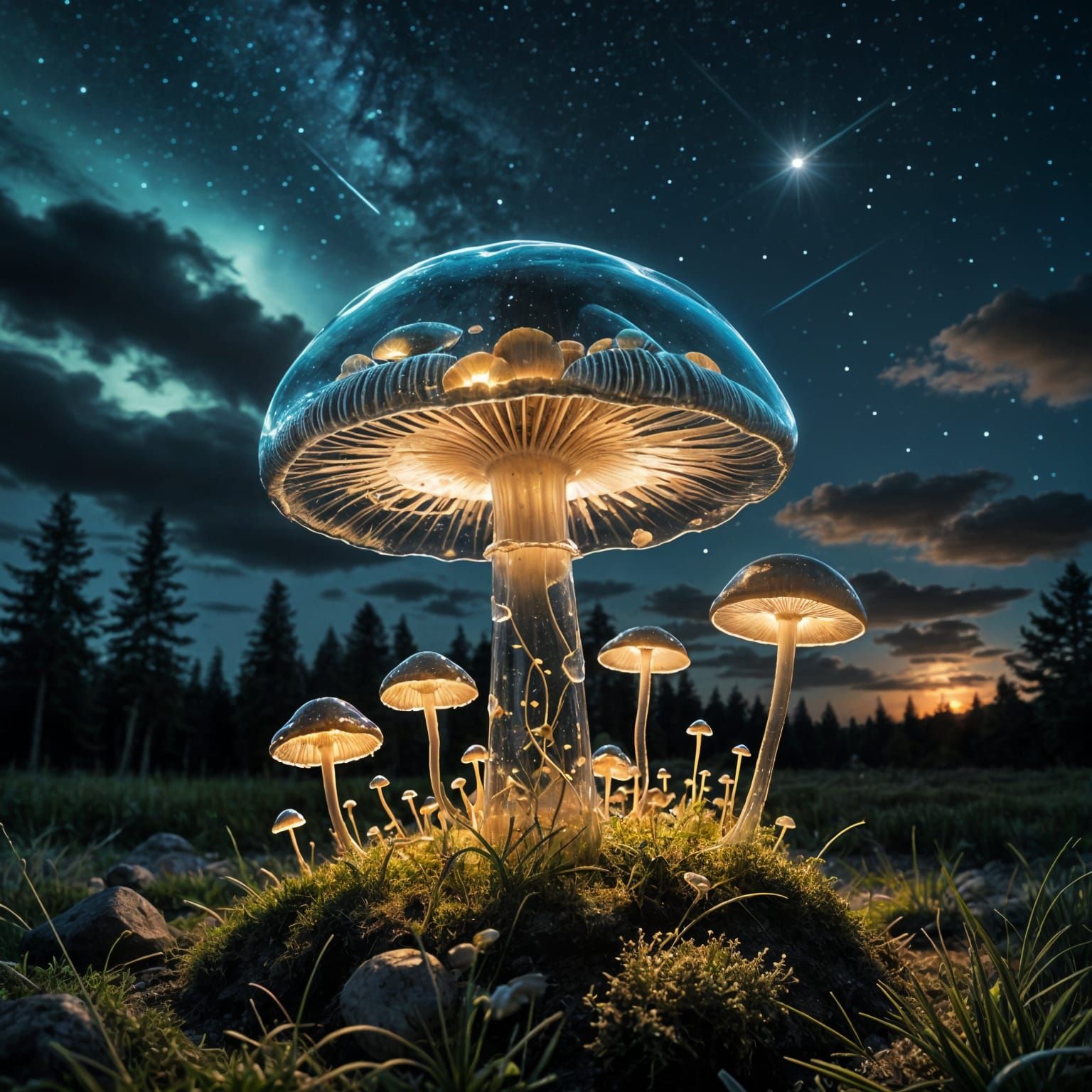 Surreal Glass Mushroom Glows in Dreamy Night Sky