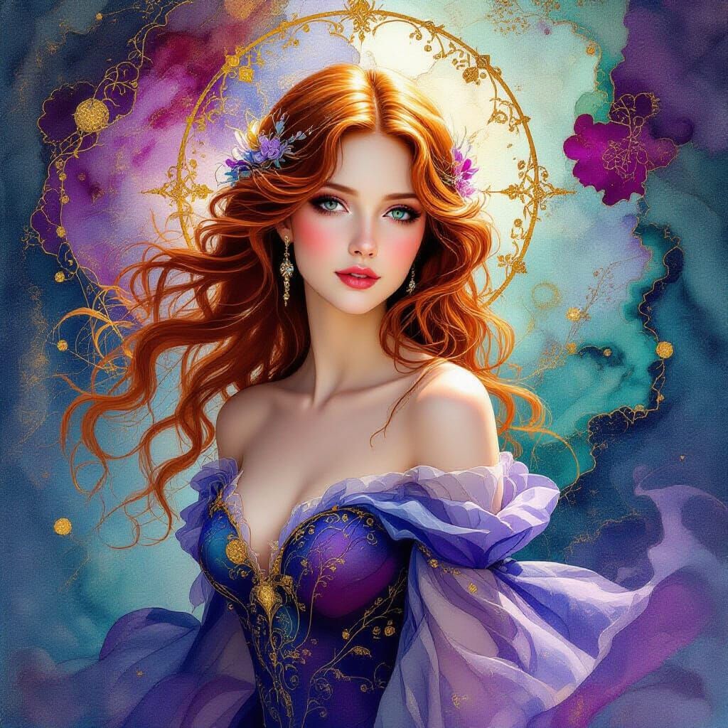 Dreamy Woman in Pre-Raphaelite Alcohol Ink Style