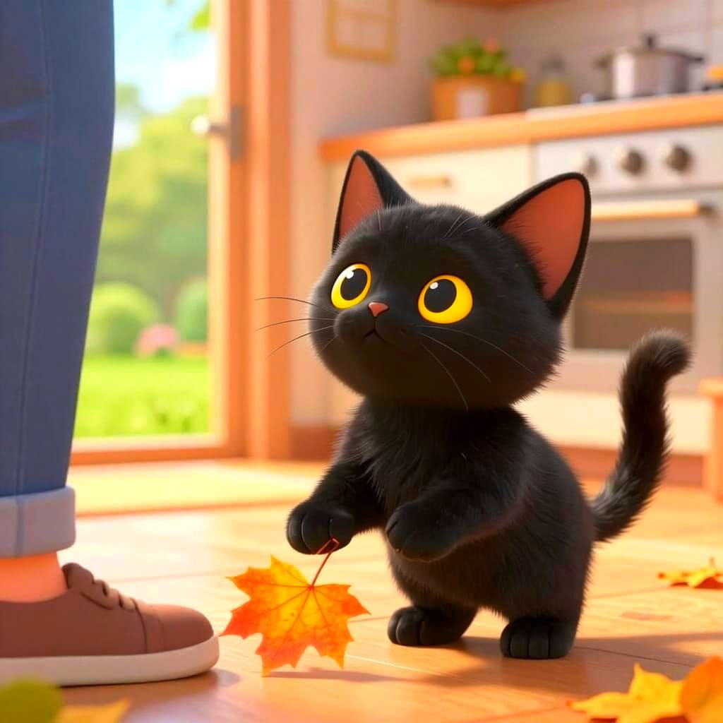 Cute Kitten Proudly Presents Autumn Leaf