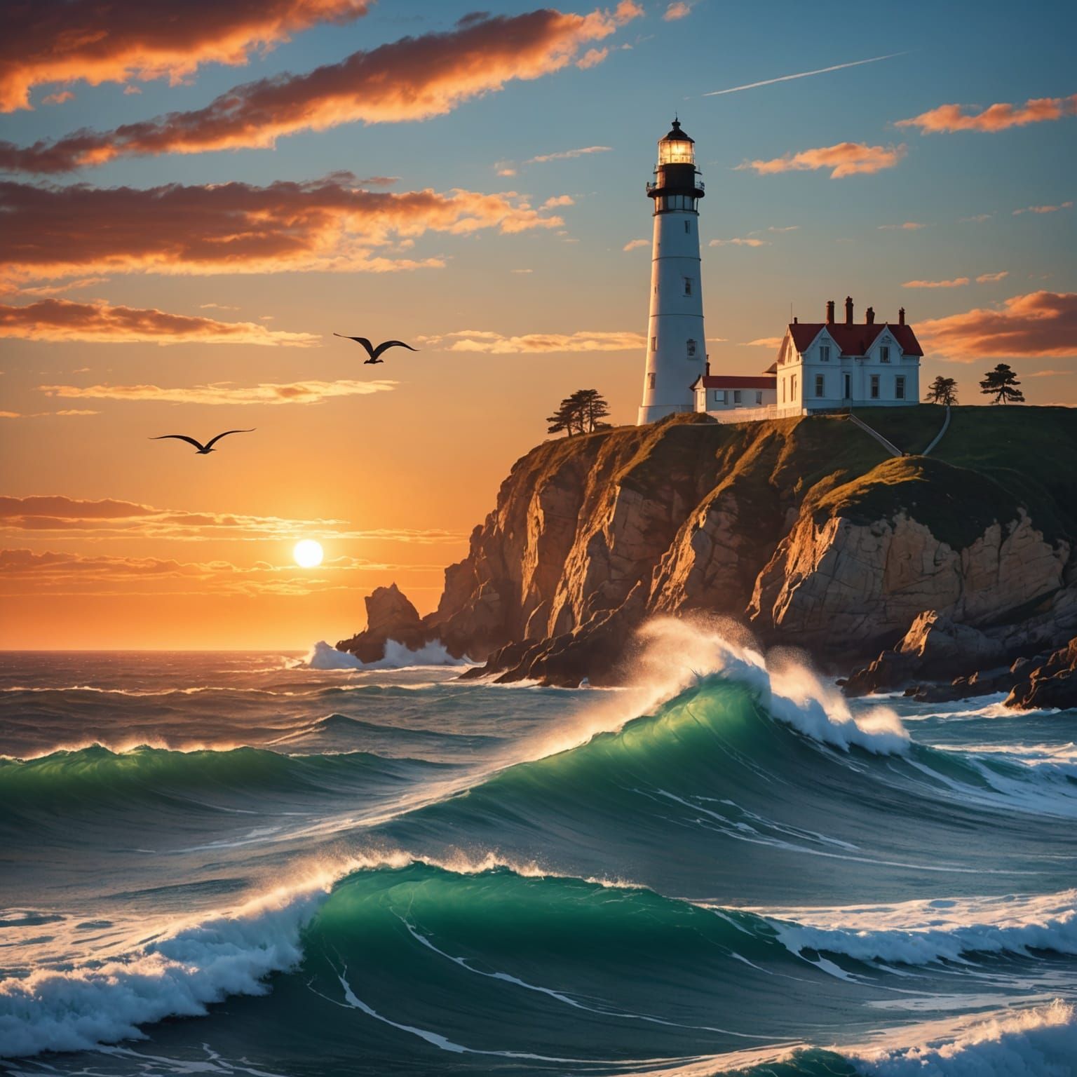 Ocean Sunset with Lighthouse and Clipper Ship