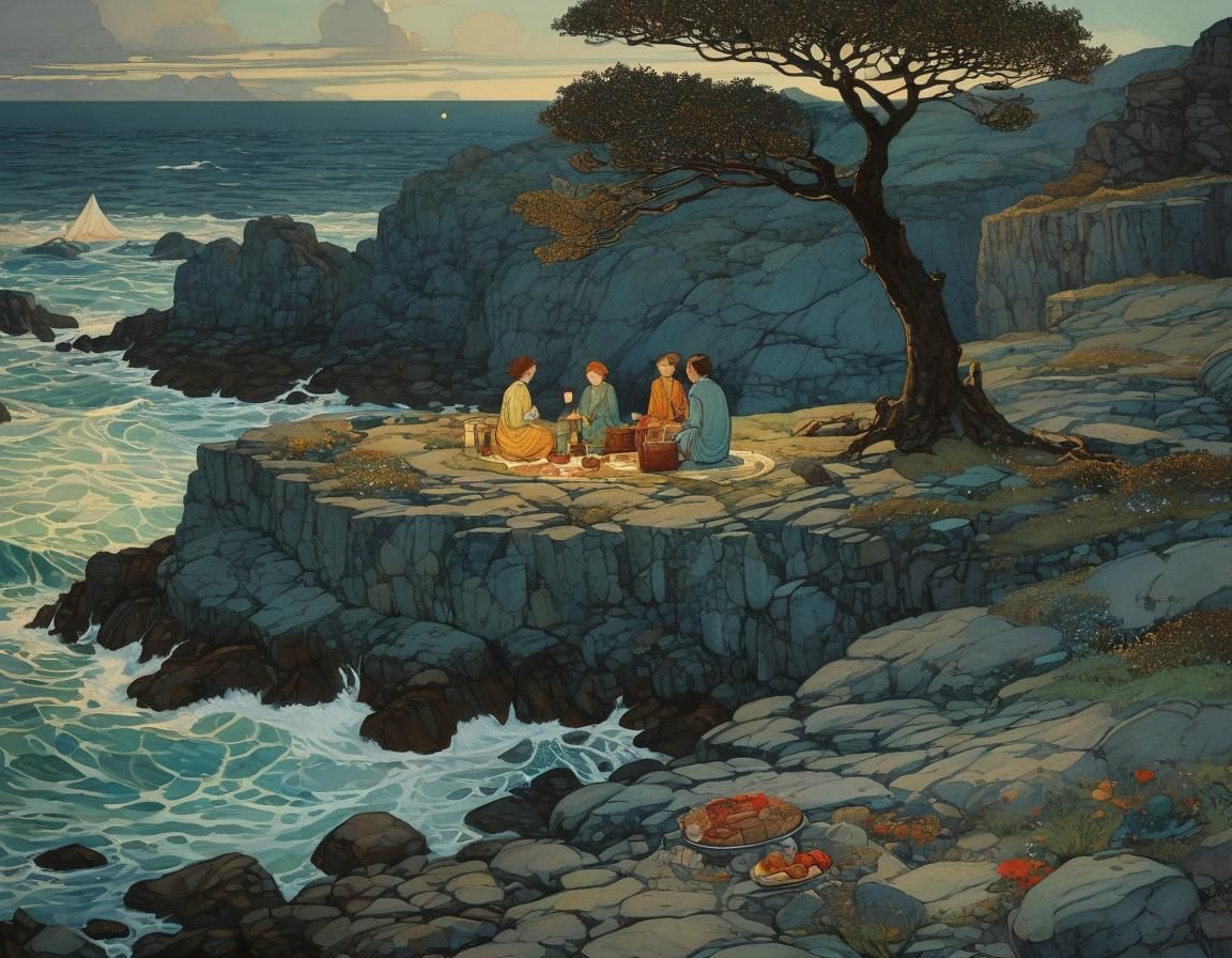 Picturesque Island Picnic in Painterly Style