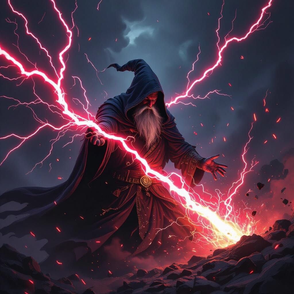Wizard Unleashes Crimson Lightning in Dark Fantasy Art