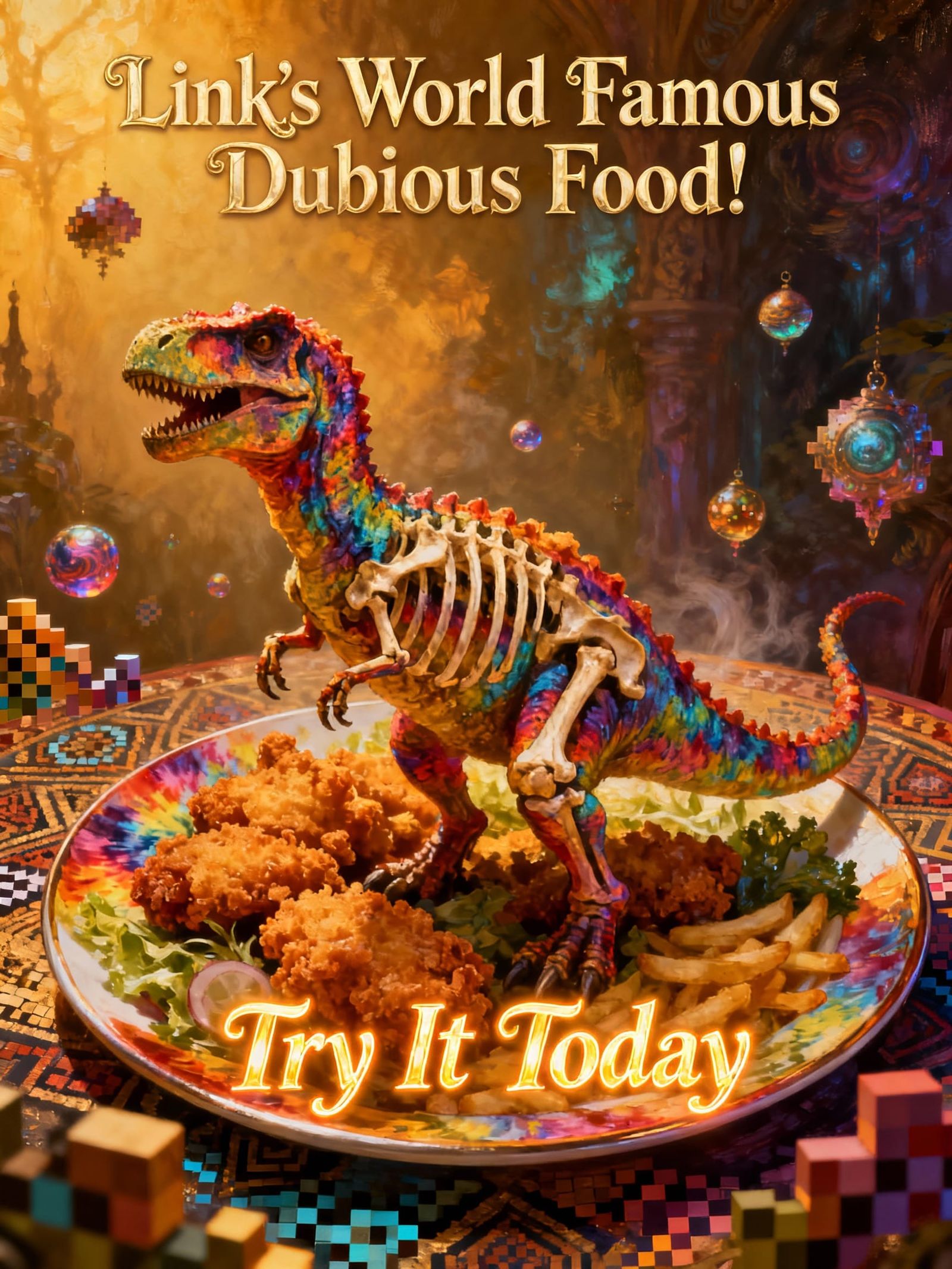 Dubious Food Menu: Deep-Fried Dinosaur Oil Painting