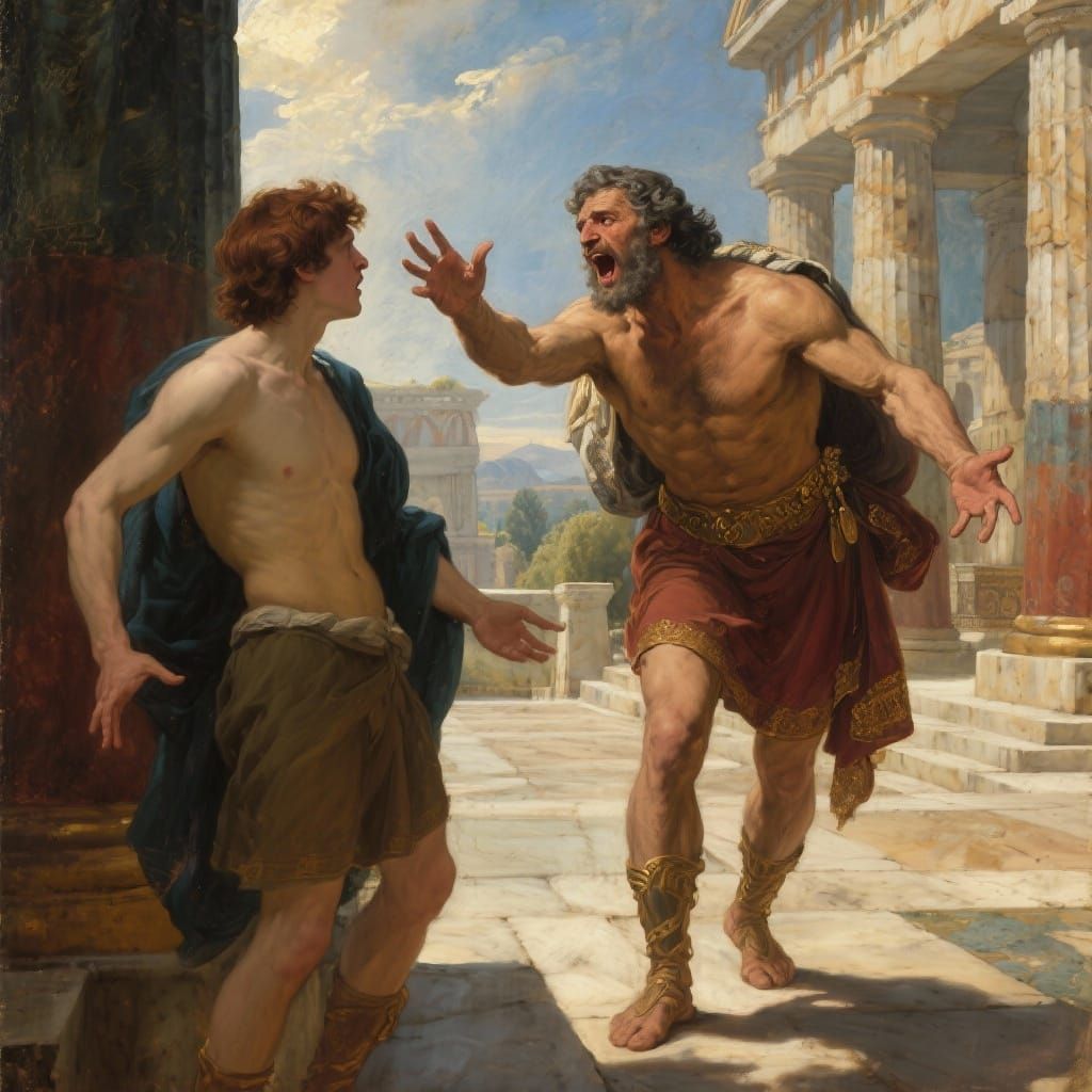 King Theseus Shouts at Hippolytus in Baroque Courtyard